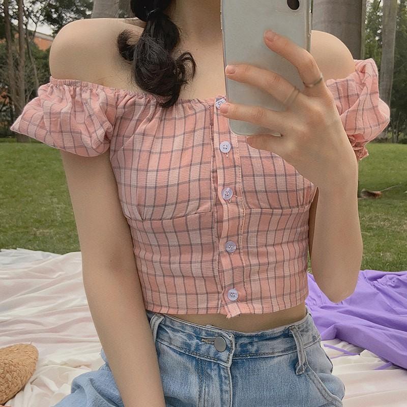 Áo kiểu tay ngắn cổ vuông kẻ sọc caro phối nút đơn giản