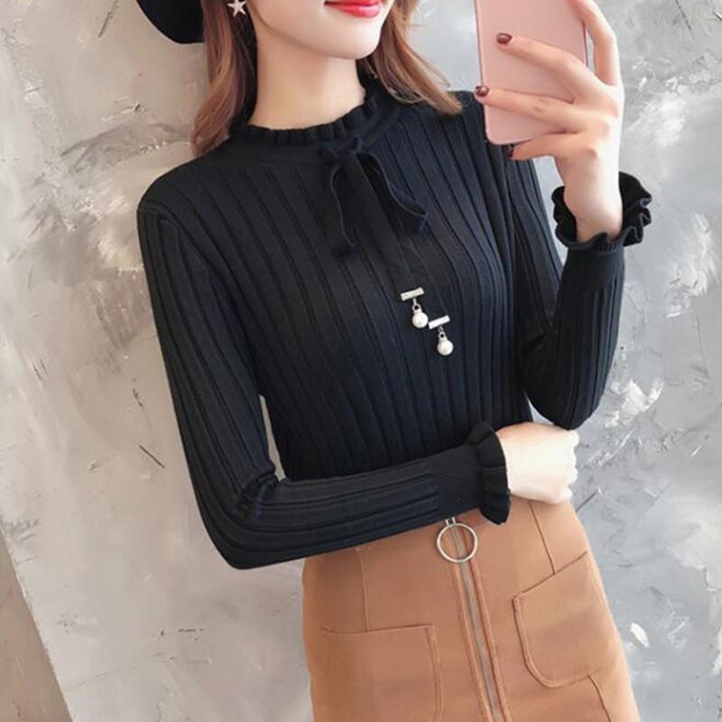 Áo dệt kim nữ cổ lọ tay dài dáng ôm màu trơn
