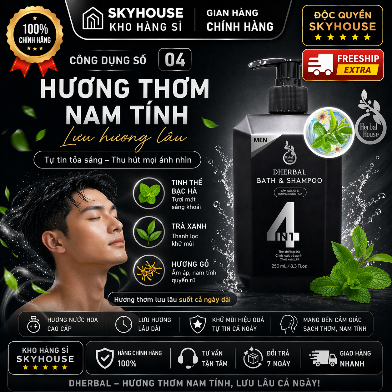 Dầu gội thảo dược thiên nhiên 4in1 tinh chất bạc hà độc quyền DHERBAL chai 250ml dầu gội trị gàu mọc tóc chính hãng