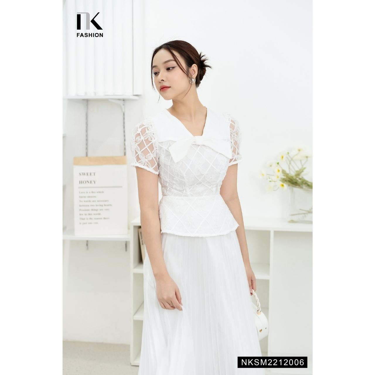 Áo Sơ Mi Ren Hoa NK FASHION Cổ Phối Nơ Ngắn Tay Thanh Lịch Chất Vải Nhập Hàn Cao Cấp NKSM2212006