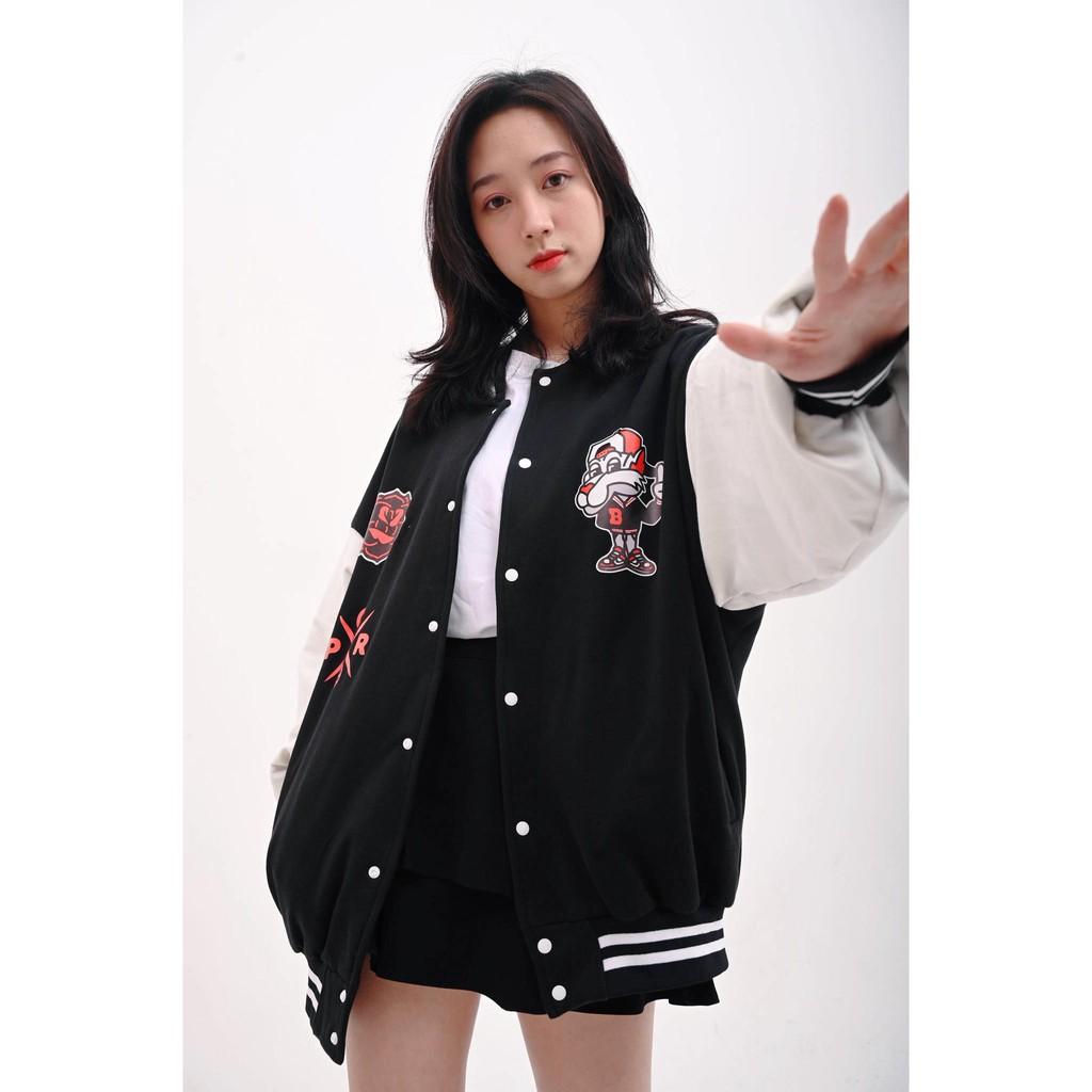 _ Áo khoác VARSITY màu đen phối trắng họa tiết chất nỉ bông cao cấp giữ nhiệt và thoáng