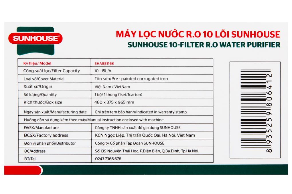 Máy lọc nước R.O 10 lõi Sunhouse SHA88116K - Hàng chính hãng