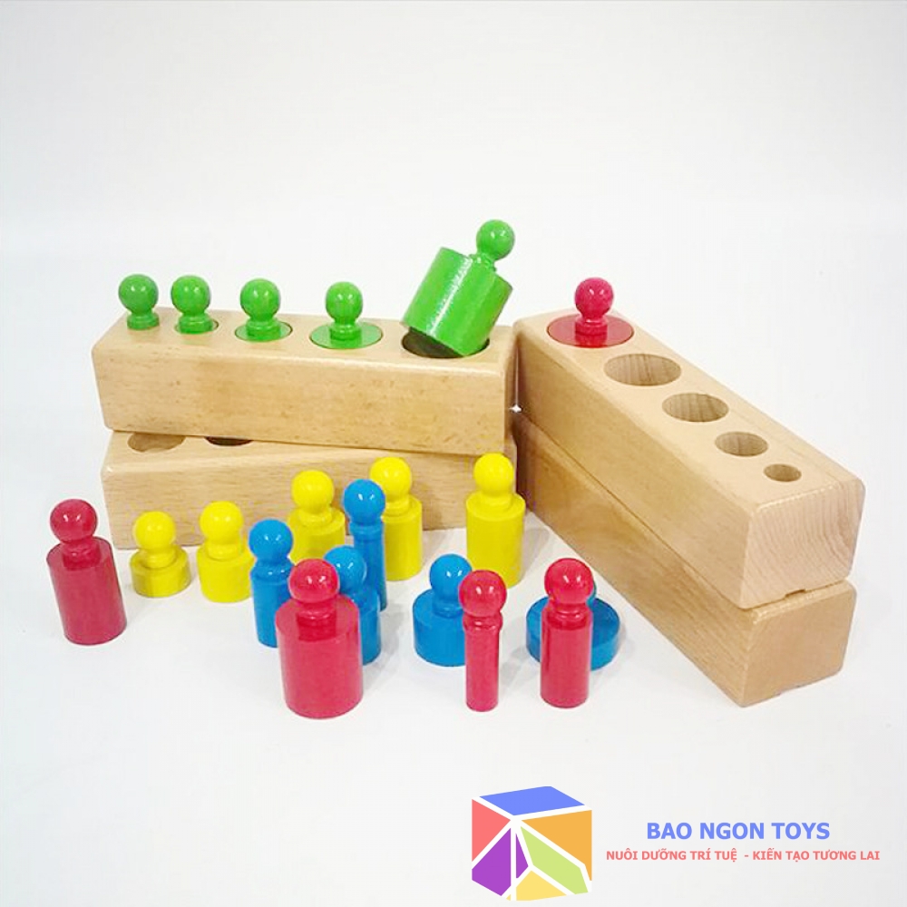 BỘ ĐỒ CHƠI GỖ THÔNG MINH SET 4 HÌNH TRỤ CÓ NÚM, ĐỒ CHƠI GỖ MONTESSORI CHO TRẺ TỪ 0 ĐẾN 3 TUỔI