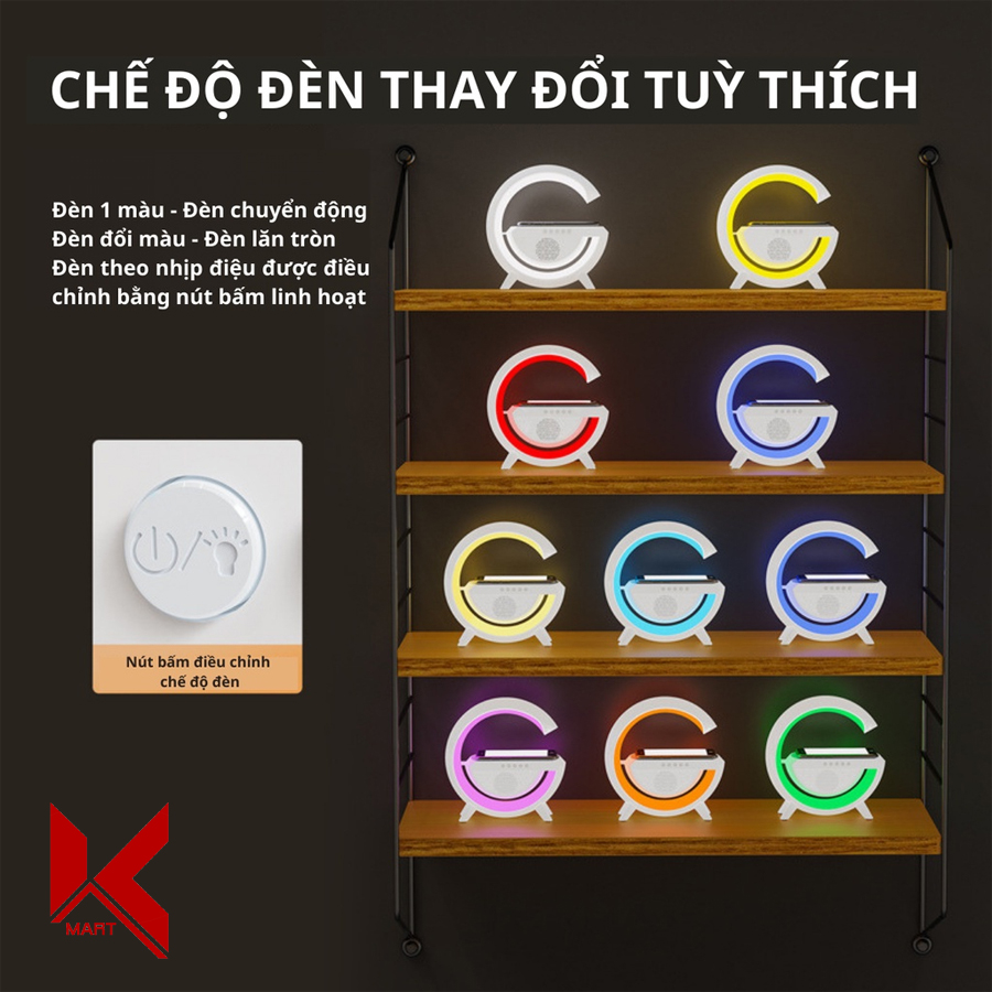 Loa bluetooth thông minh chữ G, kiêm sạc không dây 10W và đèn ngủ LED RGB - K-Mart
