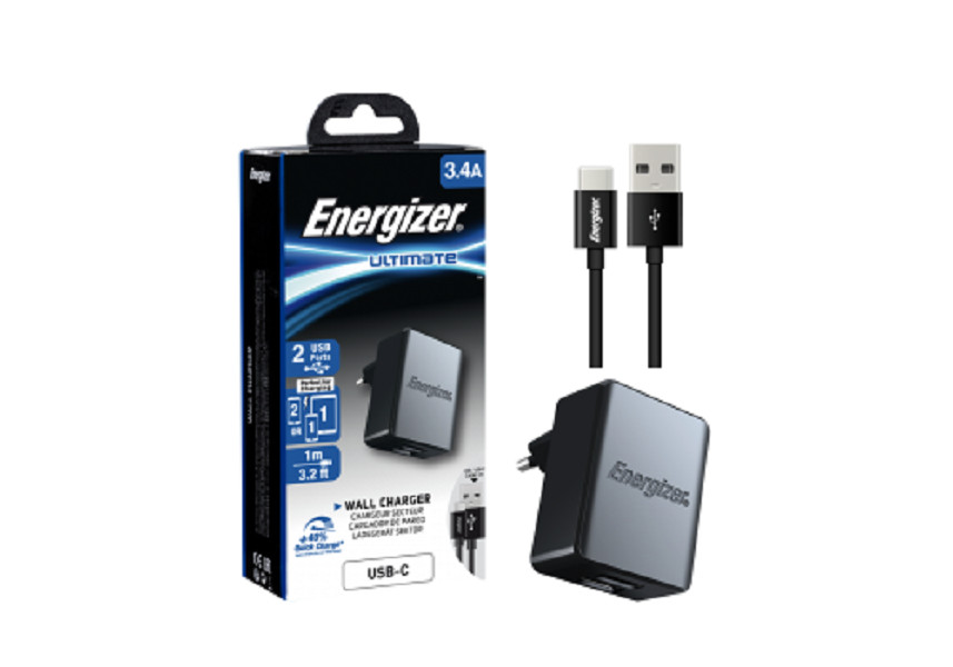 Sạc Energizer 3.4A 2USB kèm cáp USB-C2.0 màu đen - ACA2CEUUC23 - Hàng Chính Hãng