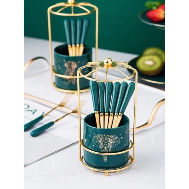 Ống cắm thìa dĩa,rỏ cắm thìa màu xanh cổ vịt kèm thìa phong cách châu Âu sang trọng