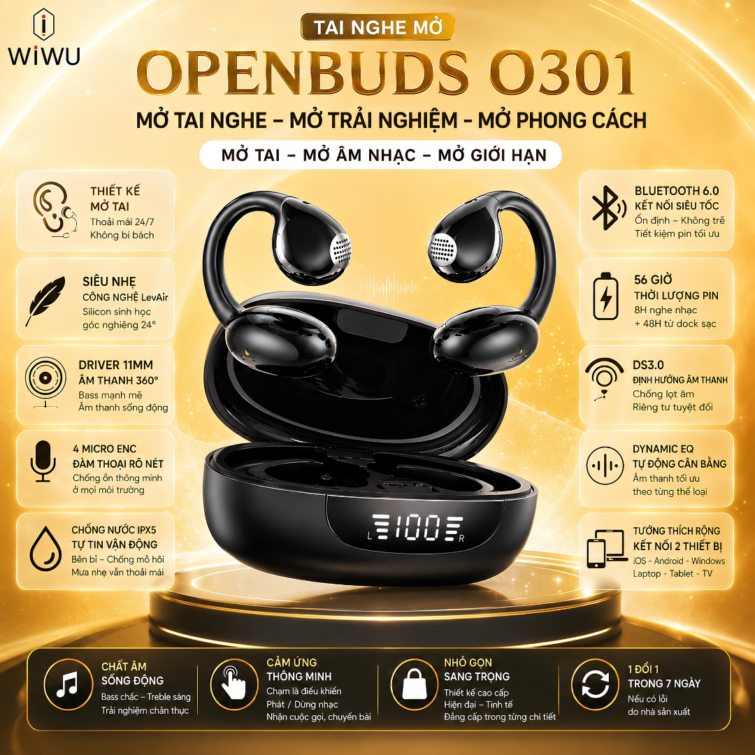 Tai nghe không dây Open-Ear RhythmAir ENC Pro bluetooth 6.0 WIWU OpenBuds O301 - Âm Thanh 360° Driver 11mm - 4 Mic ENC - Pin 56 Giờ - Chống Lọt Âm DS3.0 - Chống Nước IPX5 - Hàng nhập khẩu