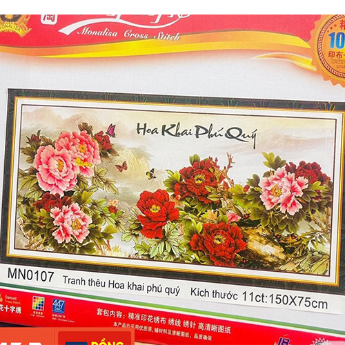 Tranh thêu chữ thập mẫu đơn hoa khai phú quý  MN0107 - kích thước 150 * 75