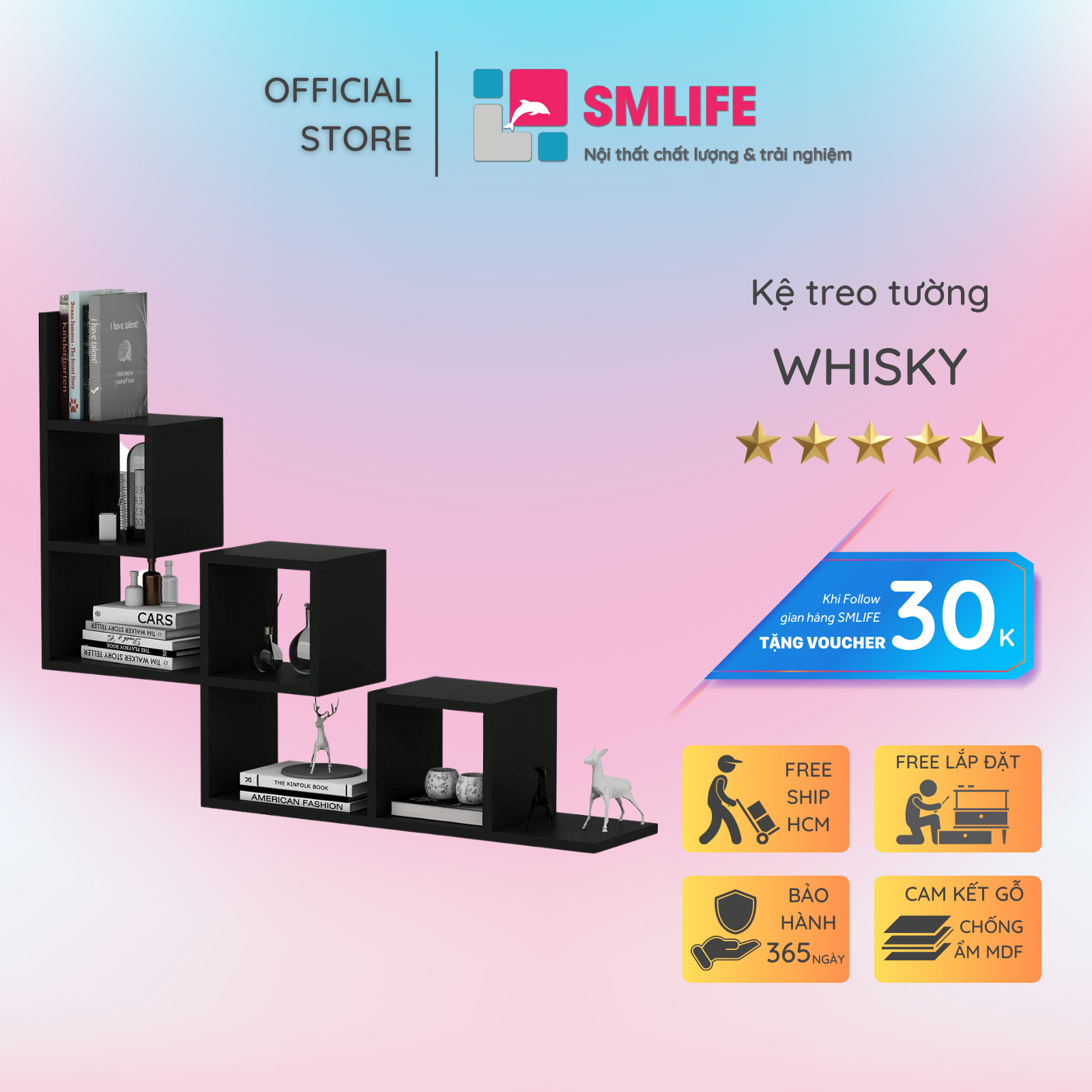 Kệ gỗ treo tường trang trí hiện đại SMLIFE Whisky | Gỗ MDF dày 17mm chống ẩm | D115xR20xC86.5cm