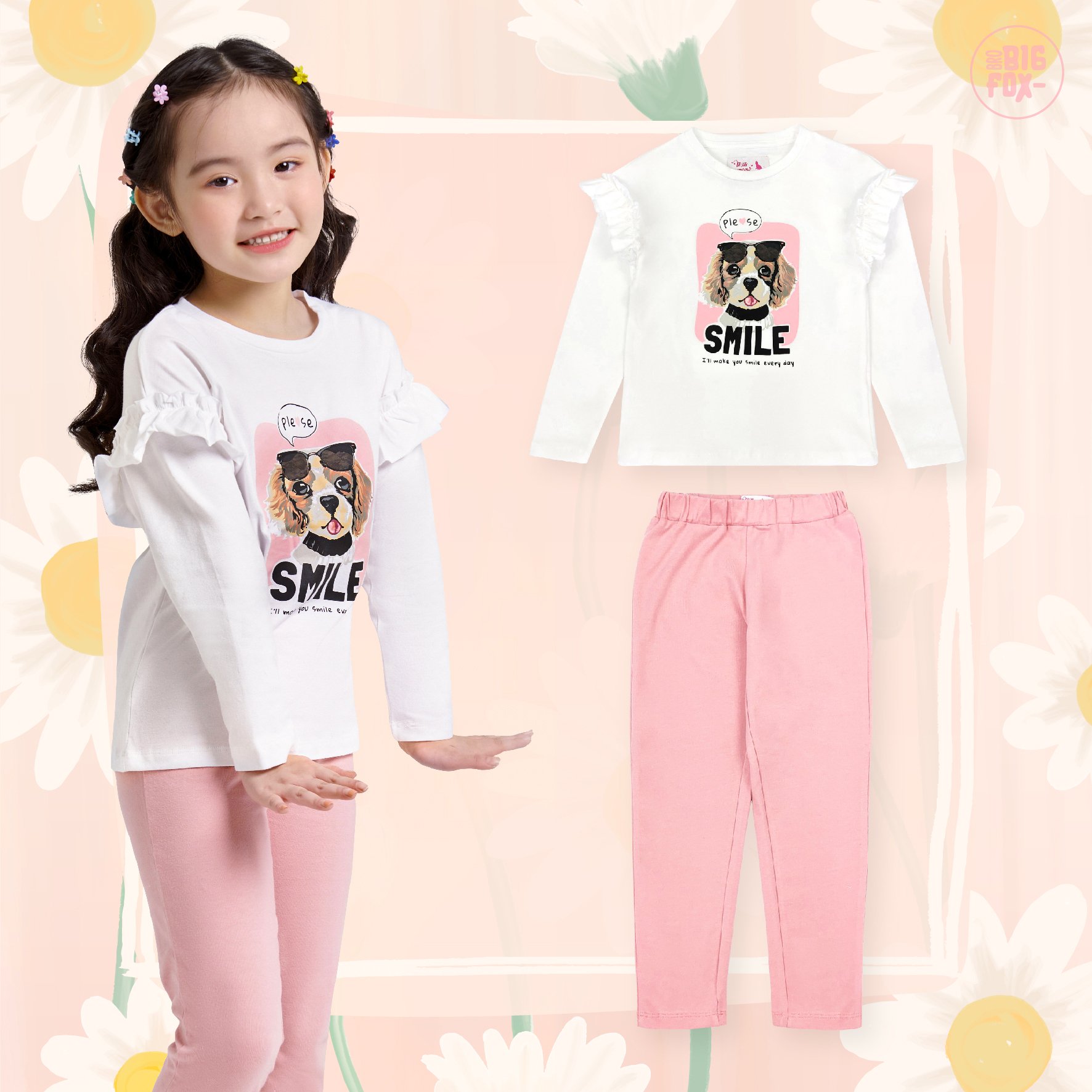 Bộ dài tay bé gái BIGFOX - MISS MEOW size đại, bộ thu đông cho bé phong cách Hàn Quốc in chó đeo kính SMILE 11 - 38 kg