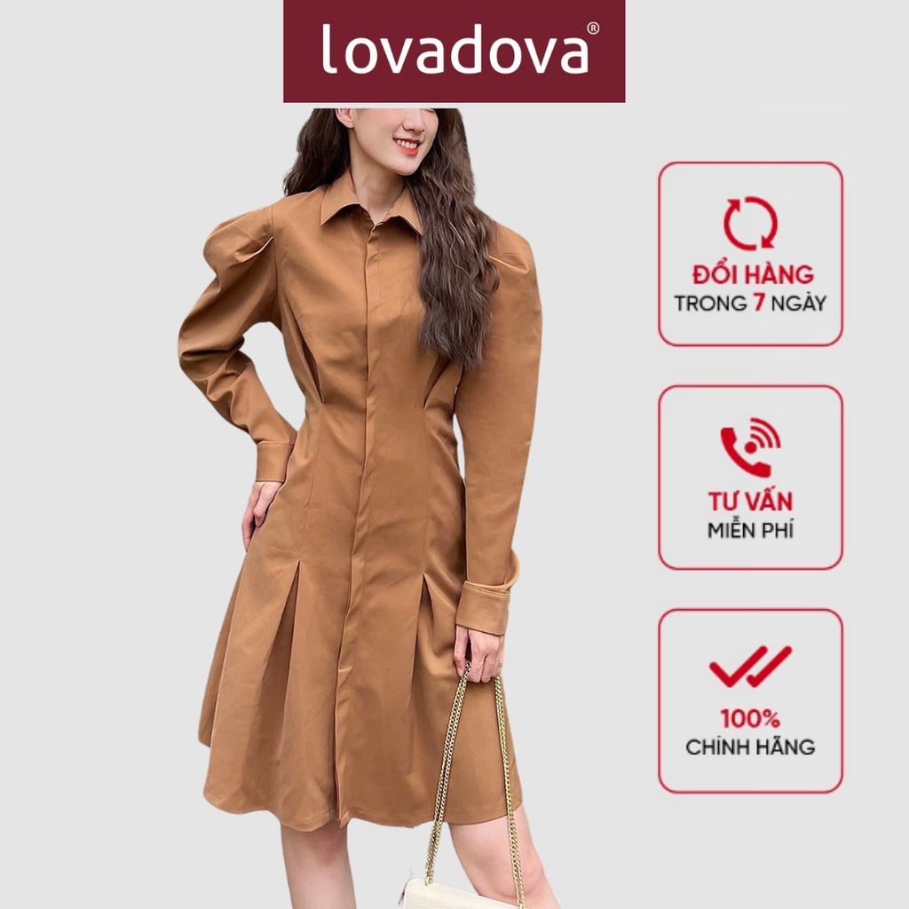 Đầm Dáng Suông, Dài Tay, Cách Điệu Nhún Eo, Cổ Sơ Mi, Ống Tay Bèo, Tà Xẻ, Màu Gạch - Lovadova 22D03C004
