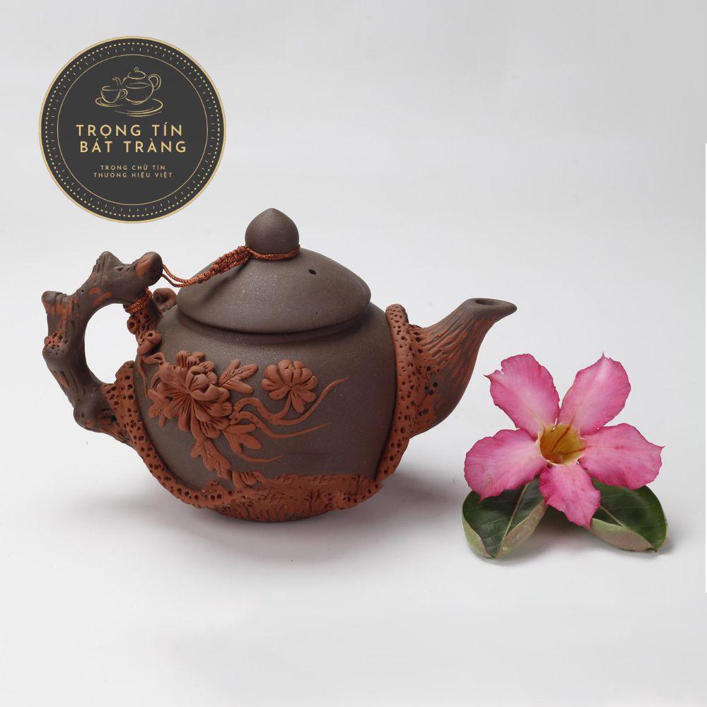 Bộ Ấm Chén Trà Đạo Gốm Tử Sa Bát Tràng Đắp Nổi Hoa Phù Dung Dáng Thủy Bình Dung Tích 400ml ATSML 02.4