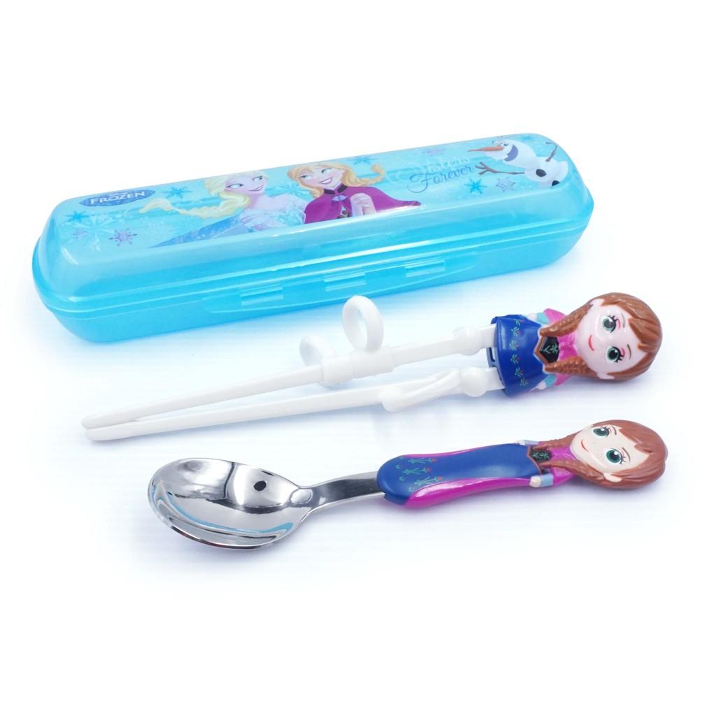 Bộ muỗng đũa tập ăn Elsa , Anna  3D- Disney kèm hộp đựng cho bé