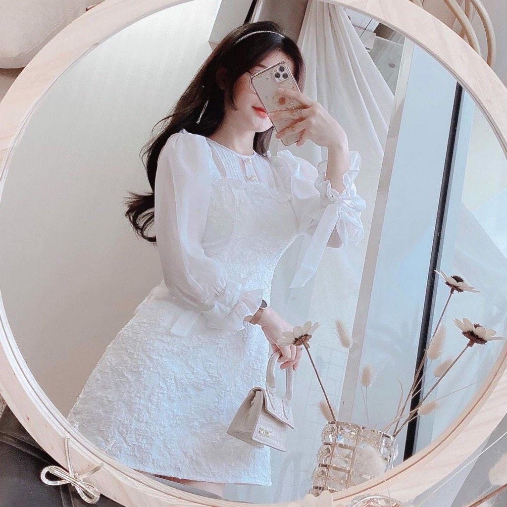 Đầm Trắng Phối Tay Voan Cột Nơ Thanh Lịch