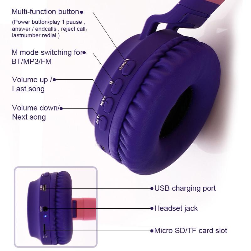 Tai Nghe Bluetooth Không Dây Tai Mèo Có Đèn Micro Màu Xanh