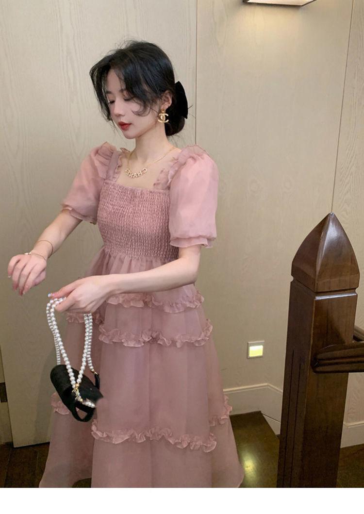 TOBE1SHOP Váy màu hồng nàng tiên Pháp ren Bouffant váy công chúa váy bánh váy lưới nàng tiên thắt lưng đầm