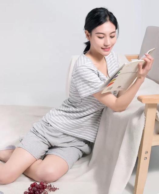 Bộ Mặc Nhà Áo Cộc Tay Có Đệm Ngực Kẻ Sọc Vải Modal Mềm Mịn Mới CT007