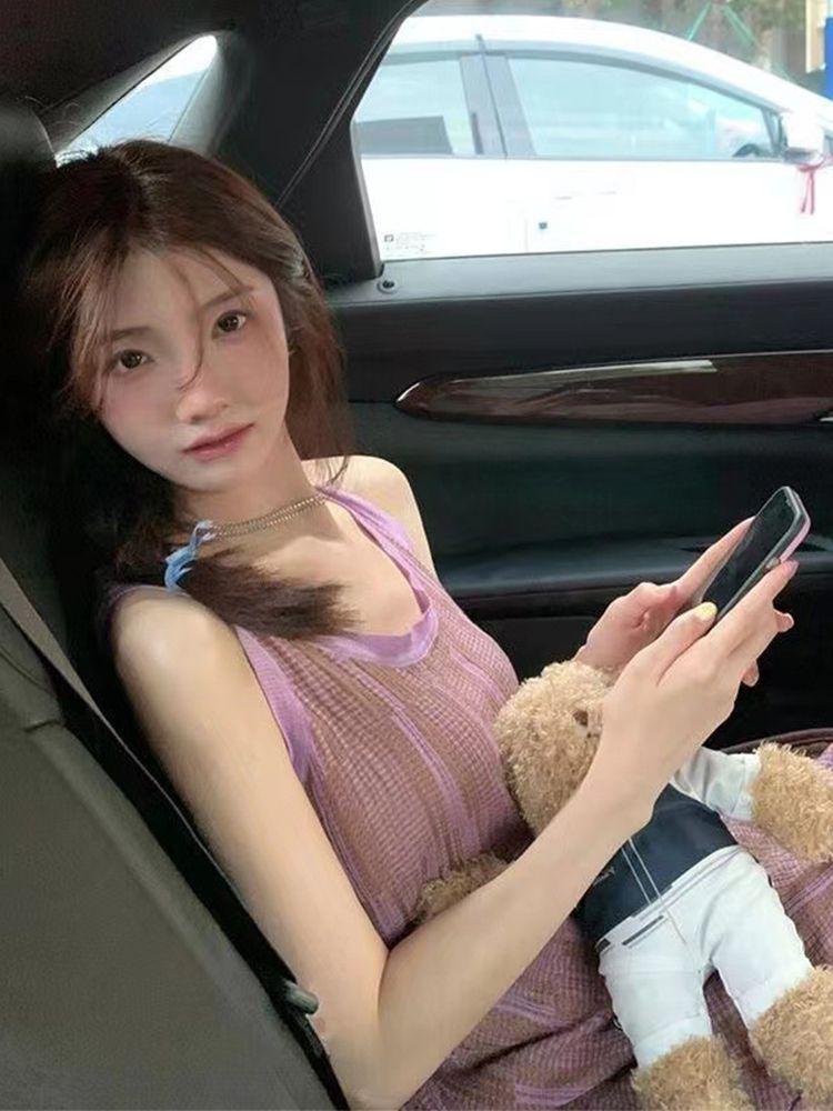TOBE1SHOP Vintage màu tím kỳ nghỉ hiển thị mỏng sọc dệt kim treo váy maxi boho tay áo dệt kim vest đầm cho phụ nữ