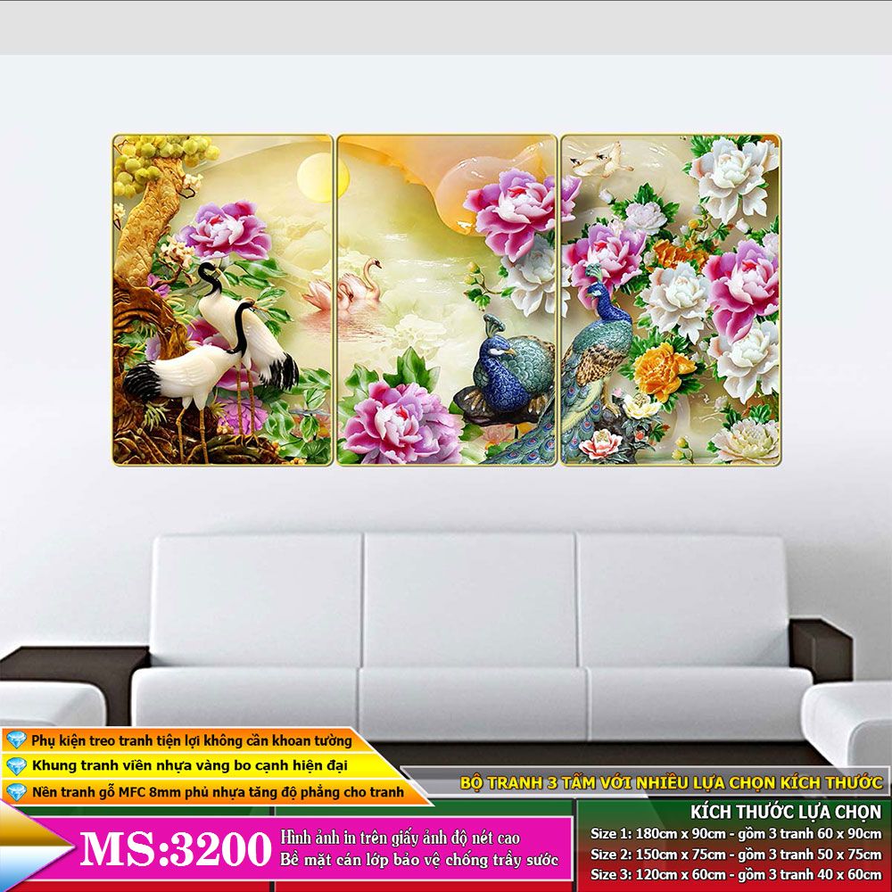 Tranh treo tường 3 tấm trang trí phòng khách, phòng ăn, phòng ngủ Chim công khổng tước: 3200L10