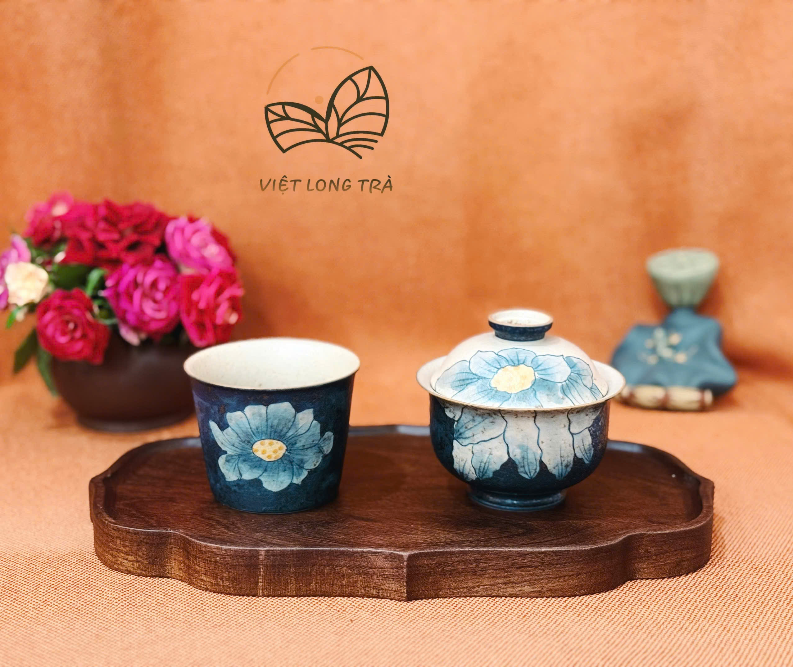 BỘ CHÉN KHẢI GỐM SỨ HOA CÚC VẼ TAY MÀU XANH ĐẬM - BỘ 3 MÓN DU LỊCH TIỆN LỢI