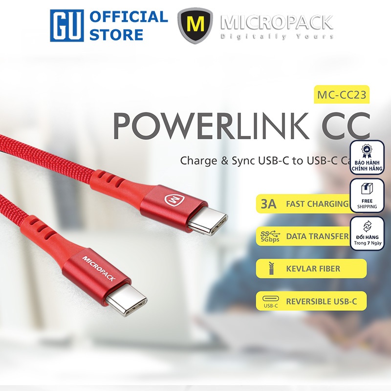 Cáp Sạc MicroPack POWER LINK MC-CC23 Sạc Nhanh USB-C to C Dòng Điện Tối Đa 3A Dệt Bằng Sợi Kevlar Siêu Bền Hàng Chính Hãng