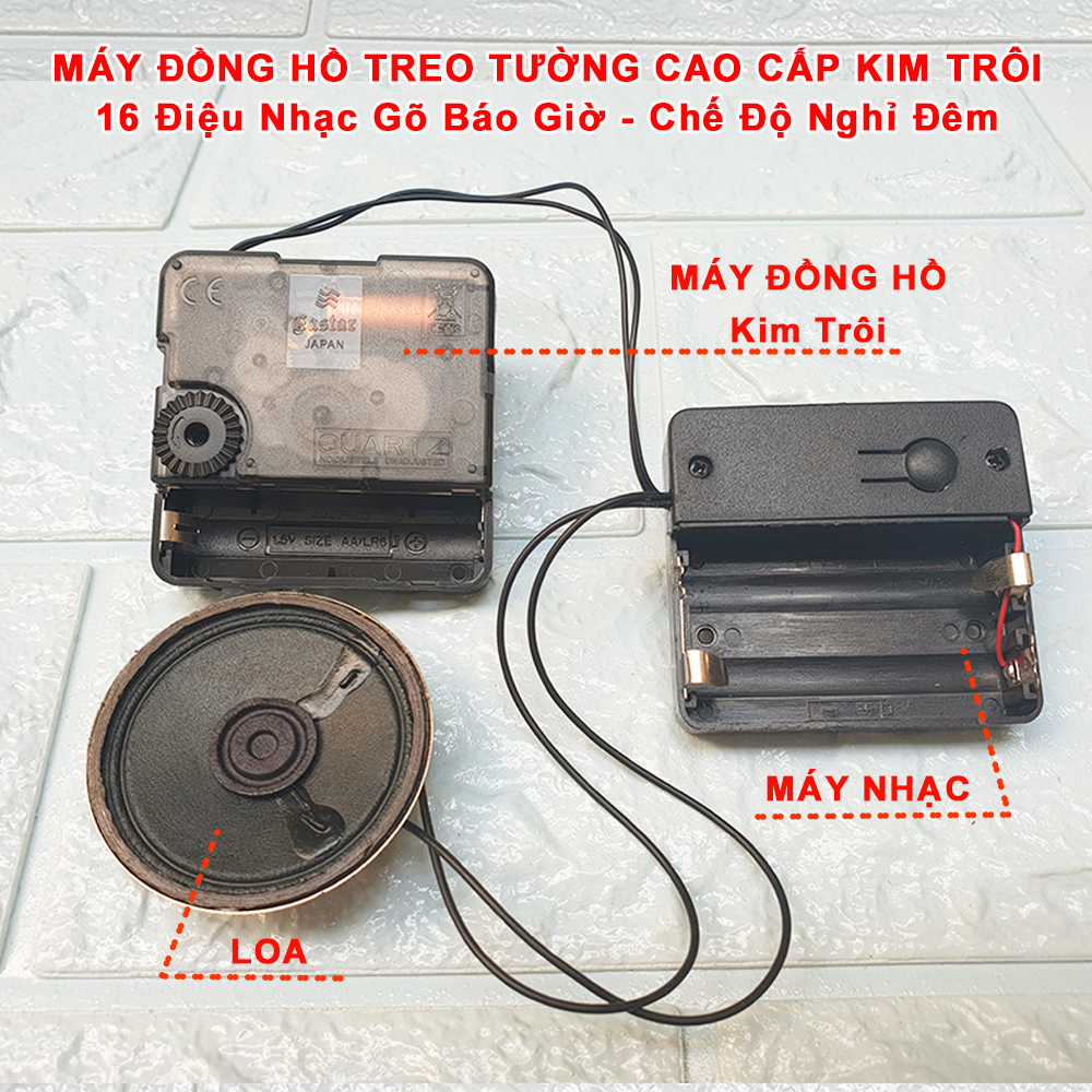 Bộ Máy Đồng Hồ NHẠC CHUÔNG gồm 16 điệu Nhạc Báo giờ + Máy Kim Trôi Cao Cấp EASTAR NHẬT + Bộ Kim màu ĐEN có DẠ QUANG – Tặng Pin Maxell