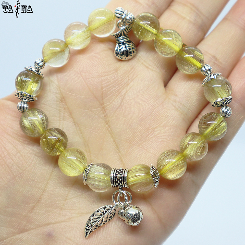 Vòng đá thạch anh tóc vàng 9mm 6A VIP charm bạc 925 cao cấp