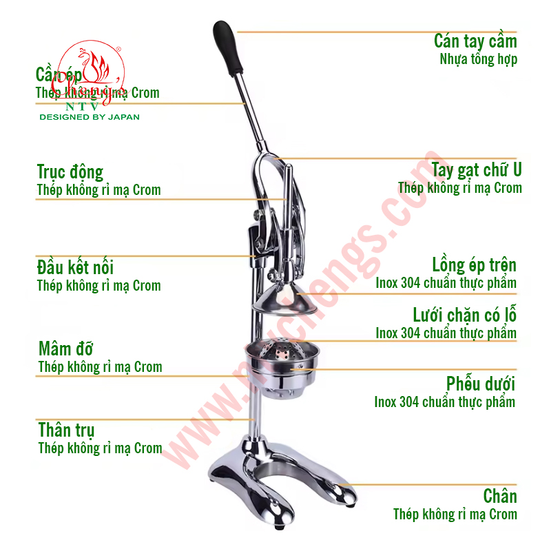 Máy ép trái cây Inox 304 bằng tay cỡ lớn Juicer, tỷ lệ vắt 98%, trọng lượng 6kg | Hàng nhập khẩu