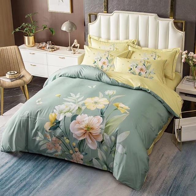 Set Cotton Organic 100%cotton Hàng Nhập Khẩu Cao Cấp 4 Món Hoạ Tiết Hoa Sang Trọng Tông Xanh