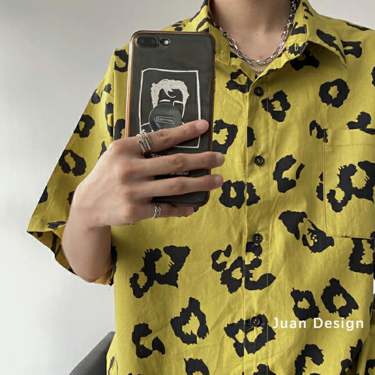 Áo sơ mi tay lỡ nam nữ in hình VÂN BEO cực hot màu vàng