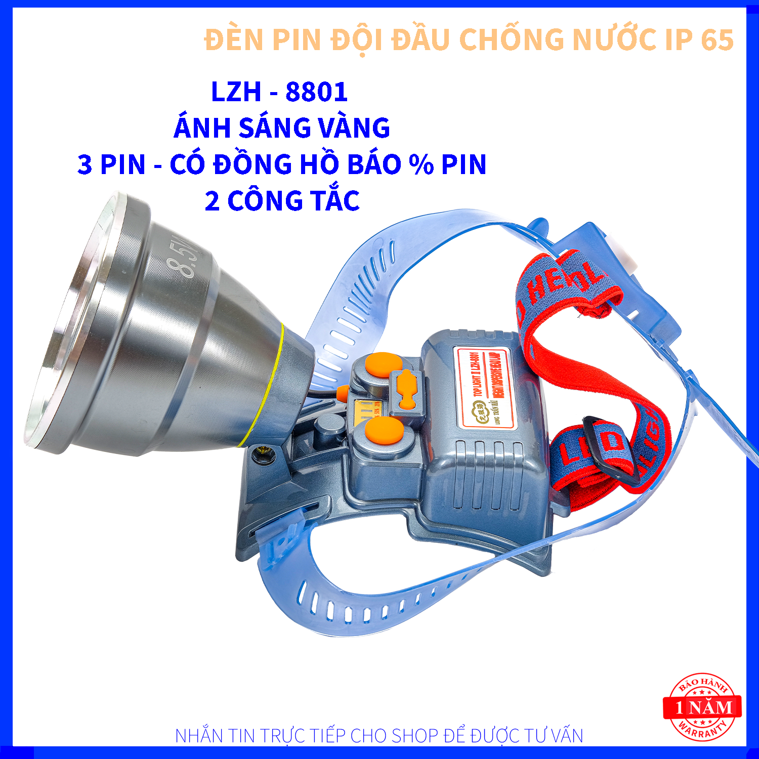 ĐÈN PIN ĐỘI ĐẦU LZH 8801 - 2 PIN 18650 - KÈM THEO 2 LĂNG KÍNH MÀU - BAO ĐI SÁNG ĐEM - TRÁ 9CM - 2 CÔNG TẮC - 3 CHẾ ĐỘ SÁNG - CHỐNG NƯỚC IP65