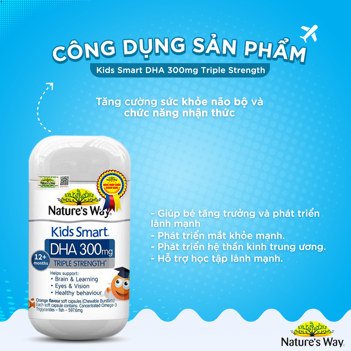 Combo Phát Triển Trí Não, Tăng Chiều Cao NATURE'S WAY Gồm Kids Smart DHA 300mg + Calcium, Vitamin D3 Cho Bé Từ 1 Tuổi