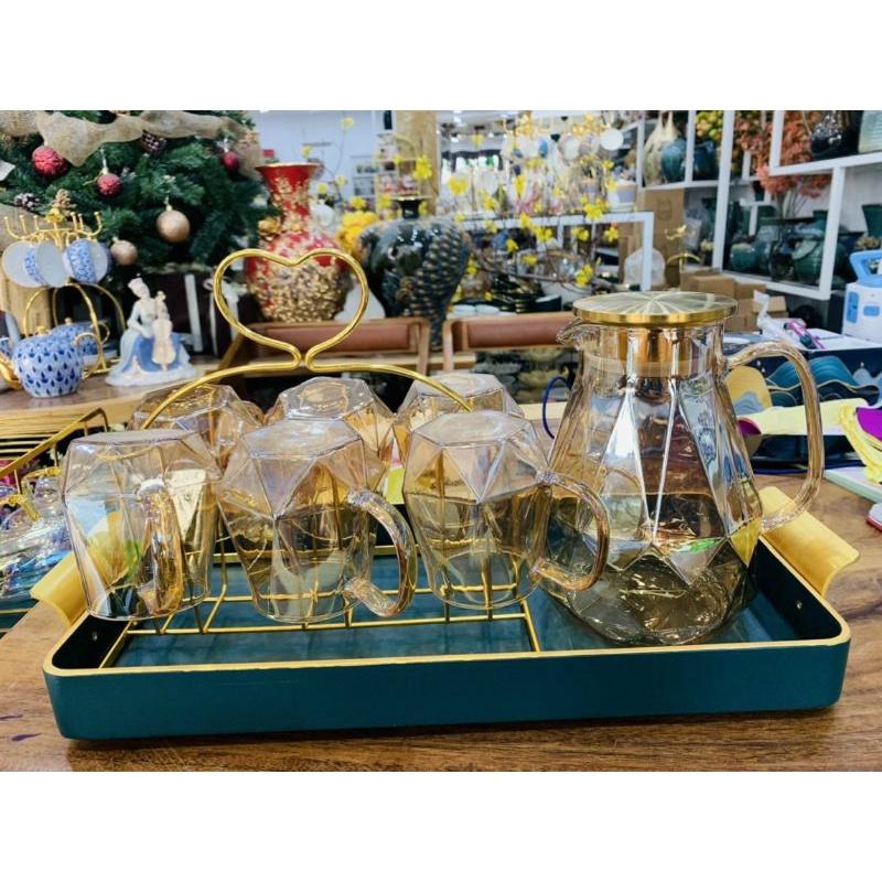 Bộ Bình 6 Ly Thủy Tinh Chịu Nhiệt Ánh Vàng, Bộ bình nước thủy tinh 1800ml - Gia Dụng Đức Minh