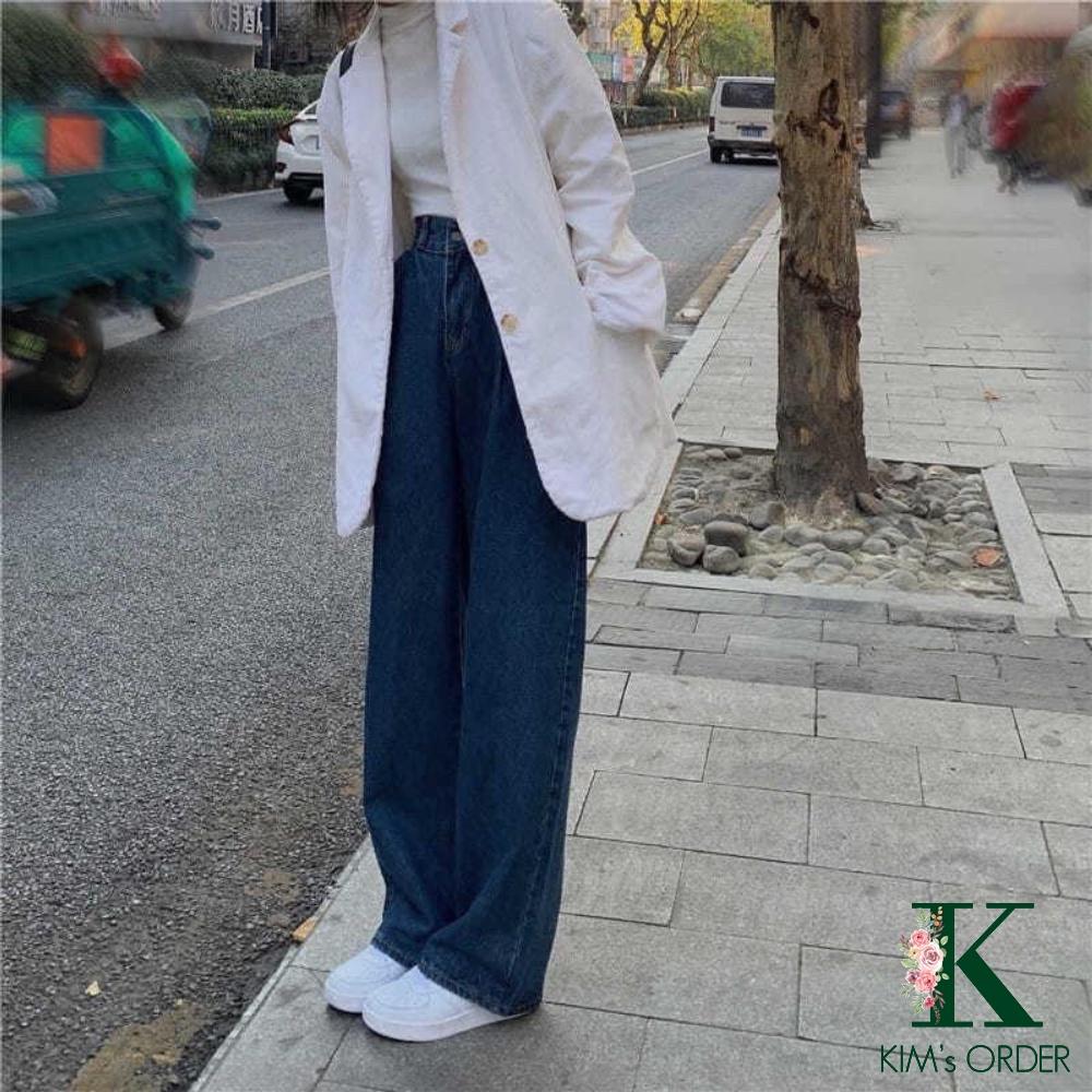 Quần jean nữ xanh đậm ống suông lưng cao phong cách Ulzzang Hàn Quốc thời trang chất liệu denim đi làm đi học đi chơi
