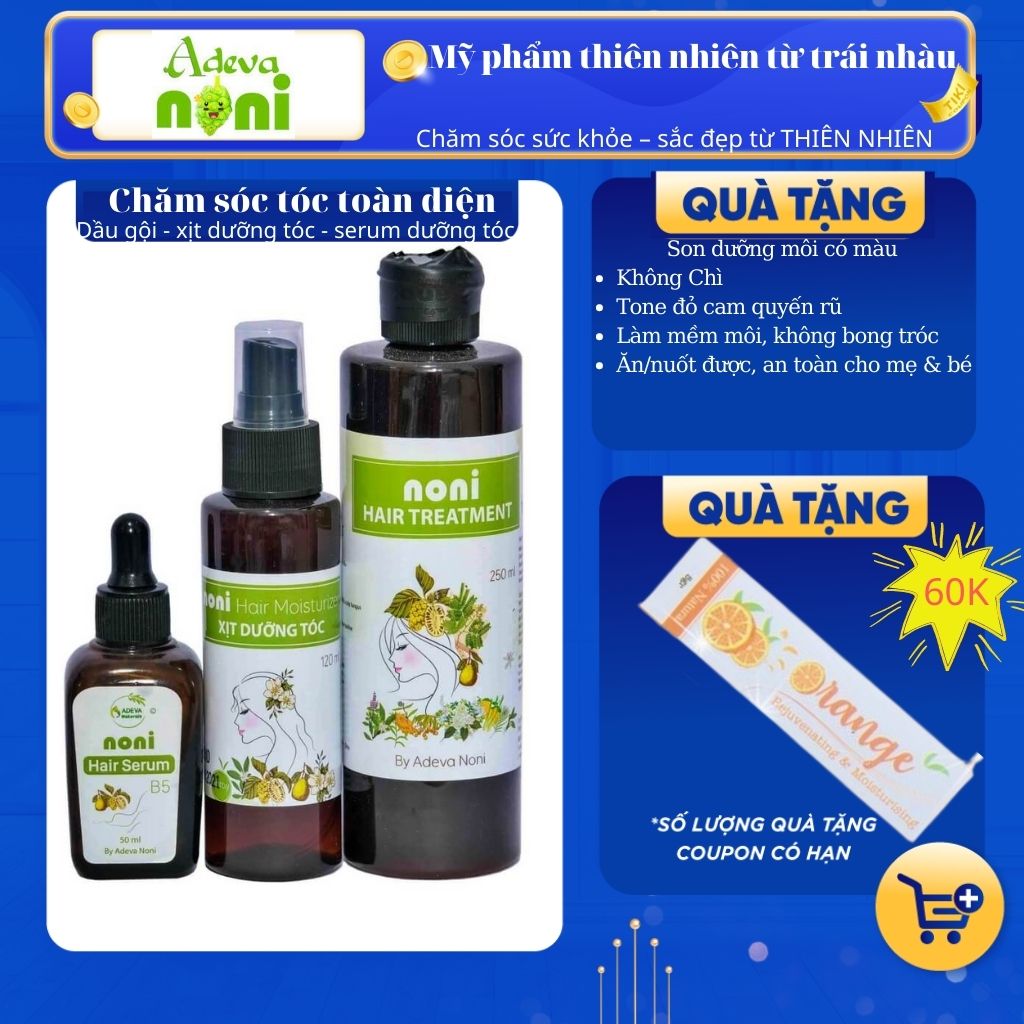 Bộ Ba Chăm Sóc Tóc toàn diện từ thiên nhiên Adeva Noni gồm 1 nước gội thảo mộc, 1 xịt dưỡng tóc và 1 serum dưỡng tóc. Tặng kèm 1 son dưỡng môi có màu