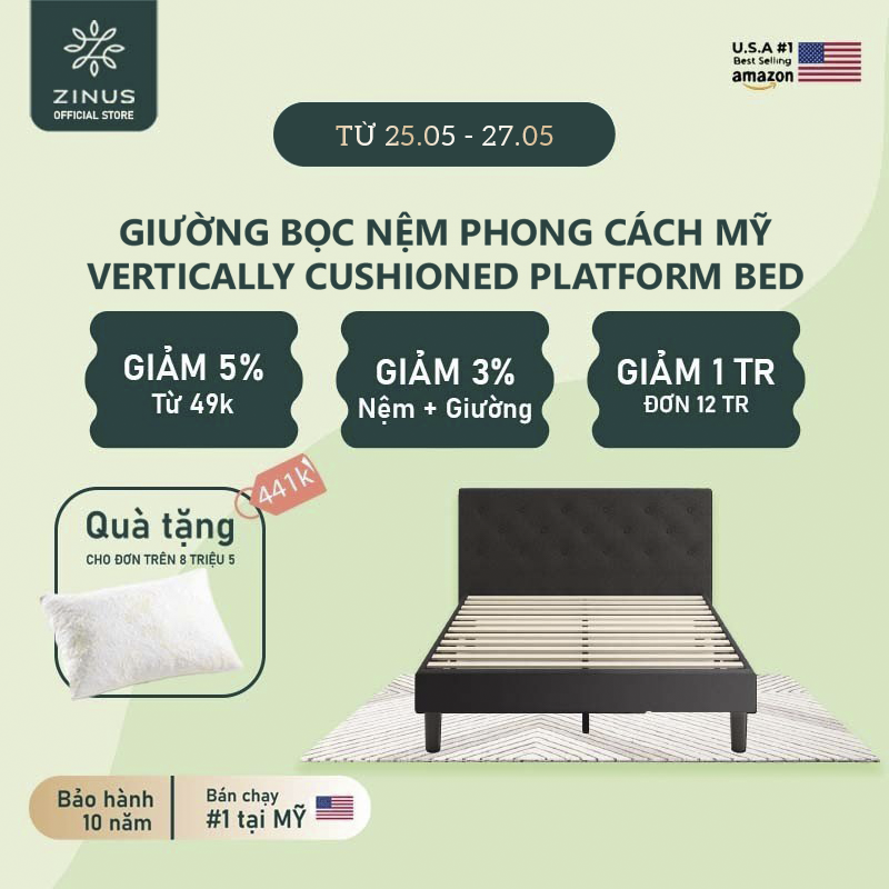 Giường Bọc Nệm Zinus Tự Lắp Ráp Sang Trọng Phong Cách Mỹ - Vertically Cushioned Platform Bed