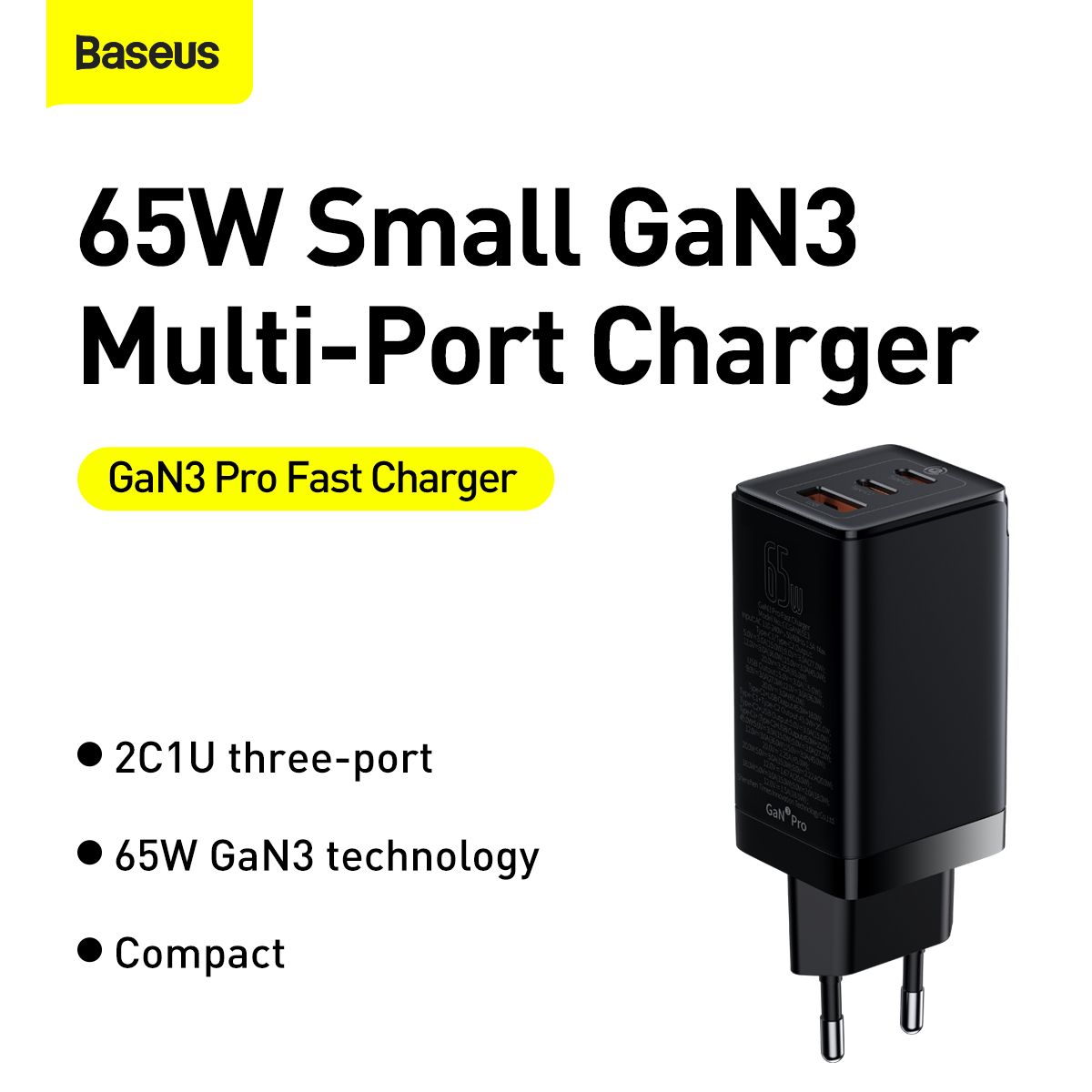 Bộ Sạc Nhanh Baseus GaN3 Pro Fast Charger 65W EU, 2C+U, PD3.0, QC4.0 (Kèm cáp Type-C to Type-C 1M 100W) 2022 - Hàng Chính Hãng