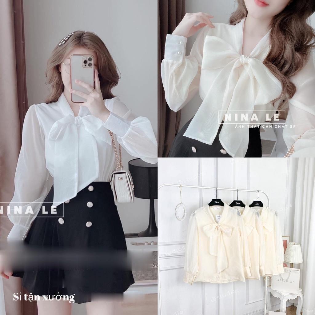 Áo sơ mi nữ tay bồng cổ nơ