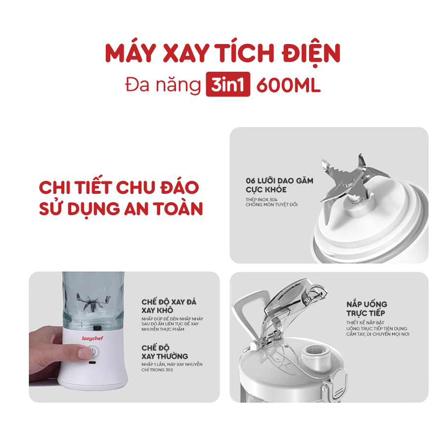 Máy Xay Tích Điện Đa Năng 3IN1 Lazychef - Máy Xay Sinh Tố Kháng Nước, Máy Xay Cầm Tay, Dung Tích 600ml, Hàng Chính Hãng