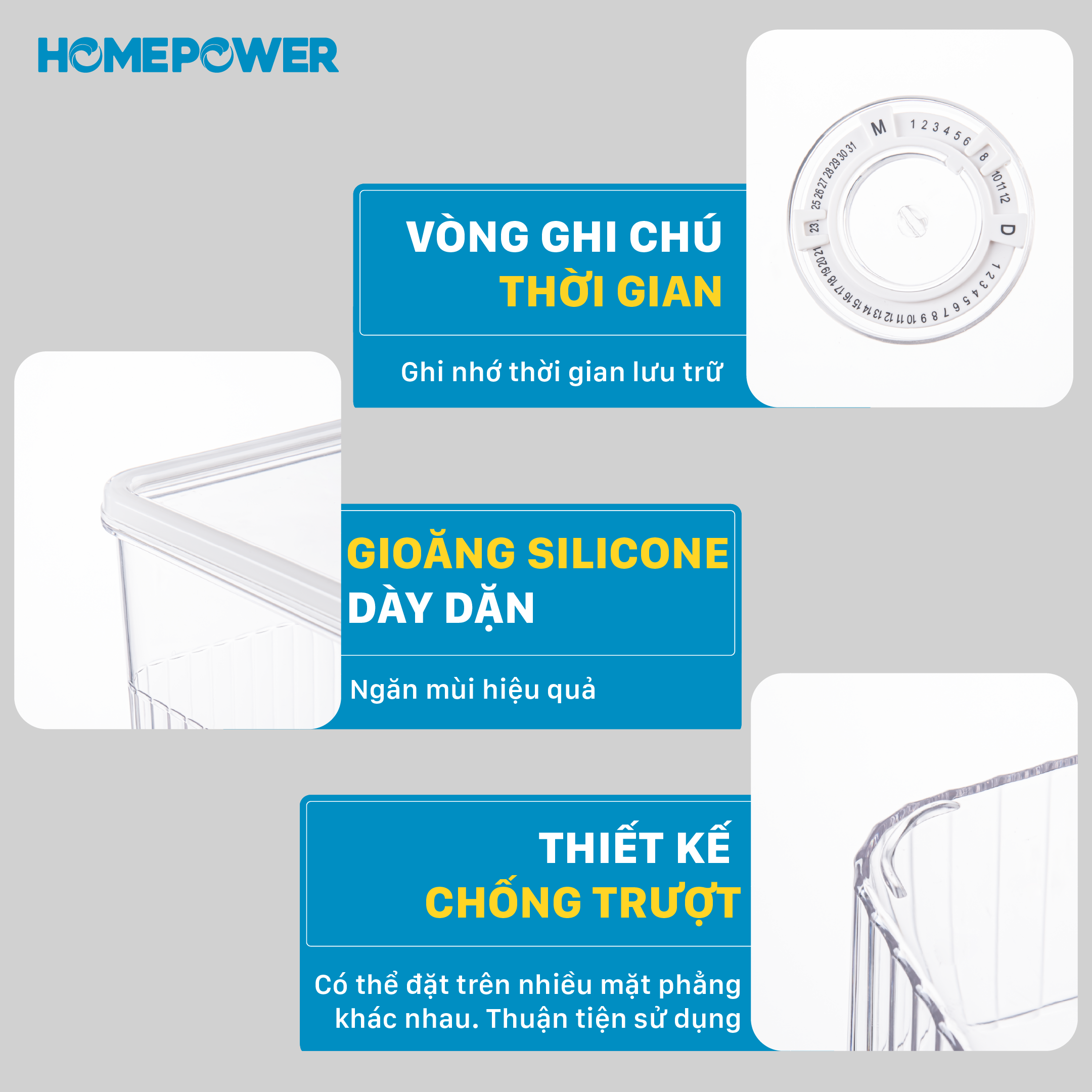 Set 3 Hộp Nhựa Đựng Thực Phẩm Ngăn Đá Tủ Lạnh Homepower - Có Vòng Ghi Chú Thời Gian Thông Minh