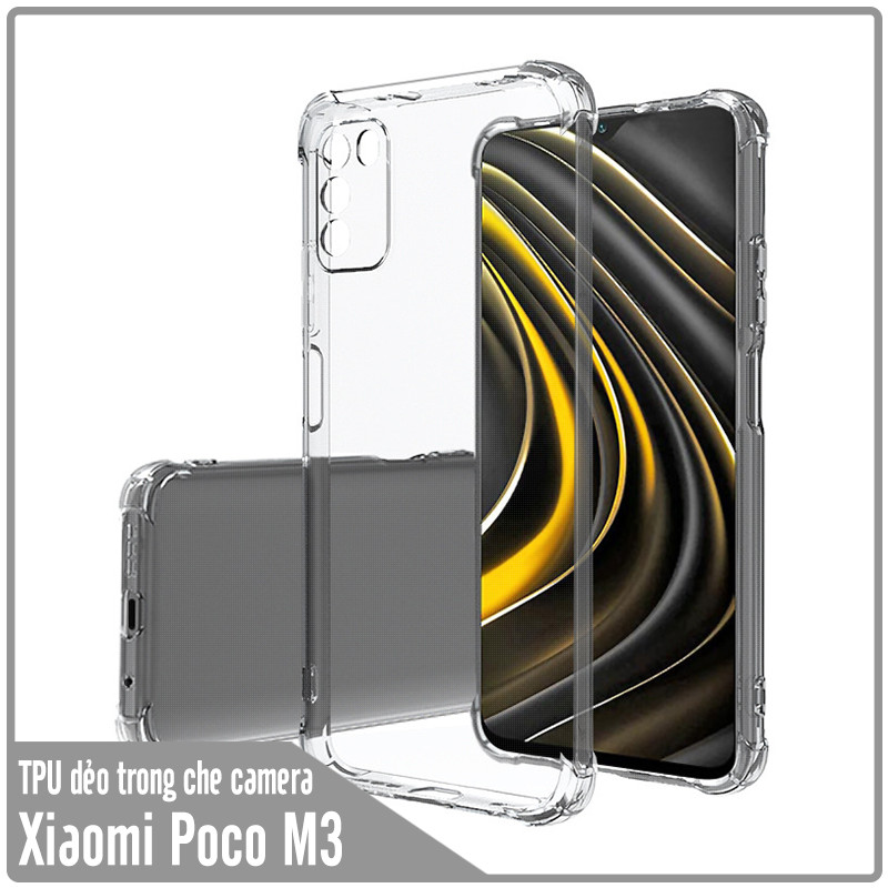 Ốp lưng 4 góc chống sốc cho Xiaomi Poco M3 TPU Trong Suốt Che Camera