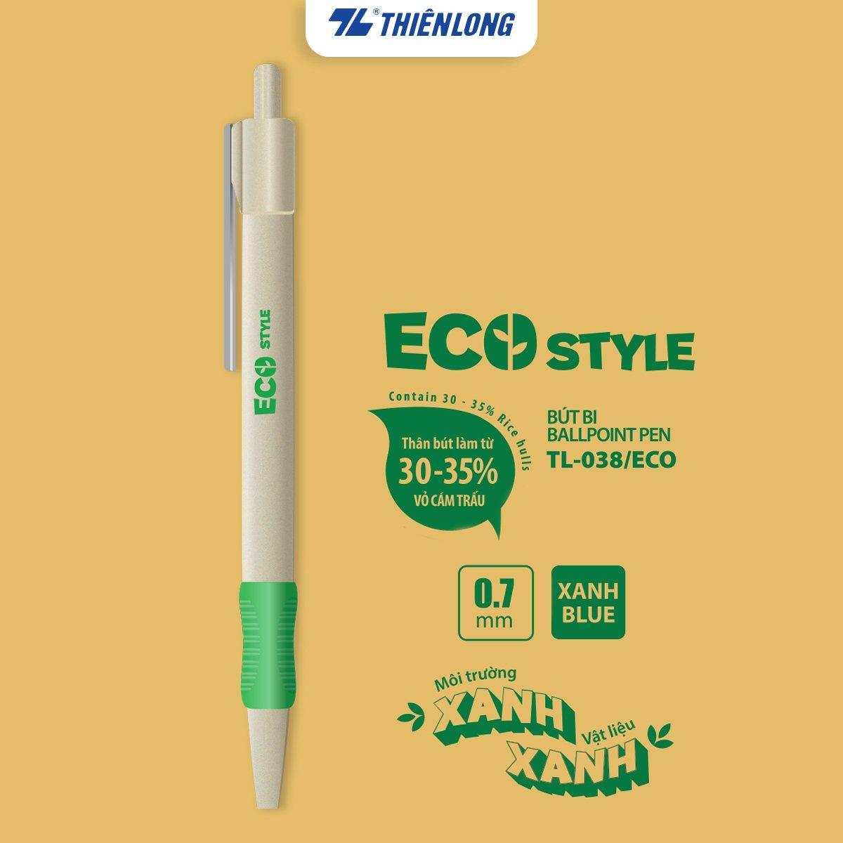 Combo 20 Bút bi Thiên Long ECO Style TL-038/ECO - Chất liệu từ vỏ cám trấu - Mực Xanh