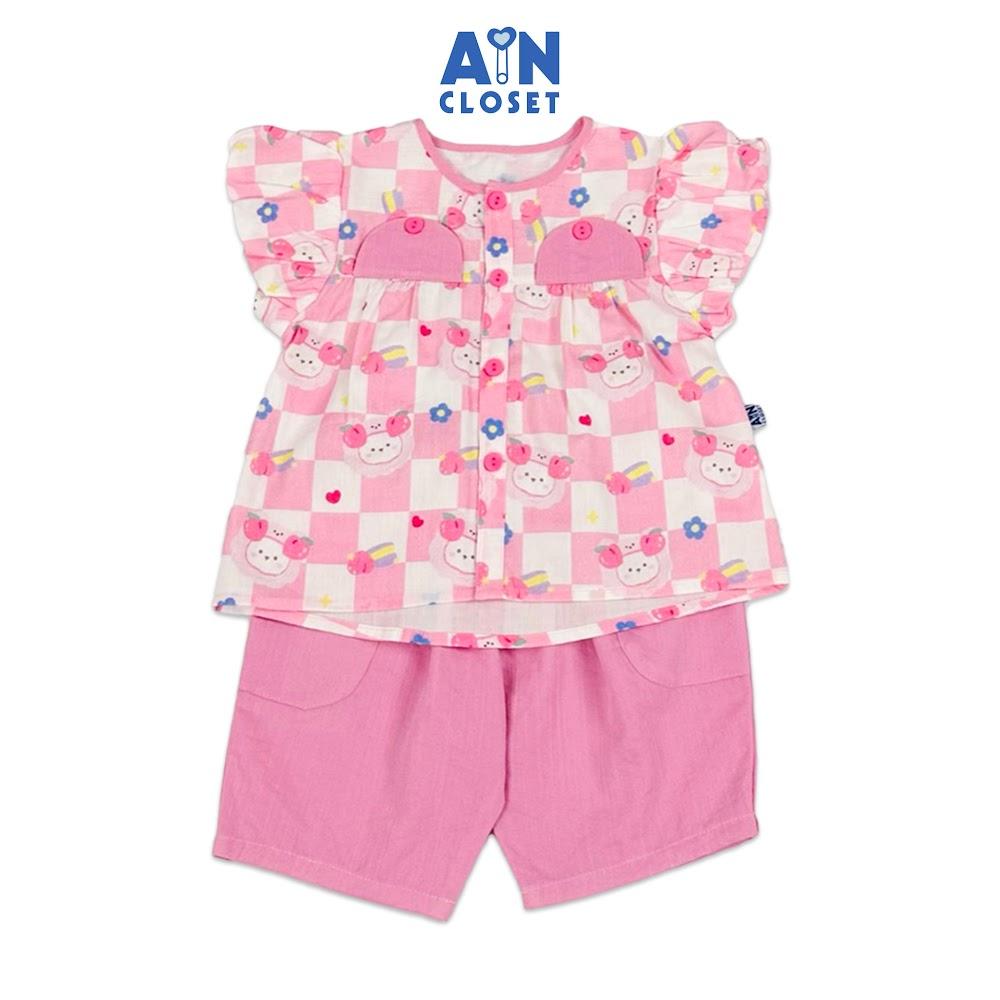 Bộ quần áo Lửng bé gái họa tiết Caro Gấu Đào Hồng cotton - AICDBGVAUA1T - AIN Closet