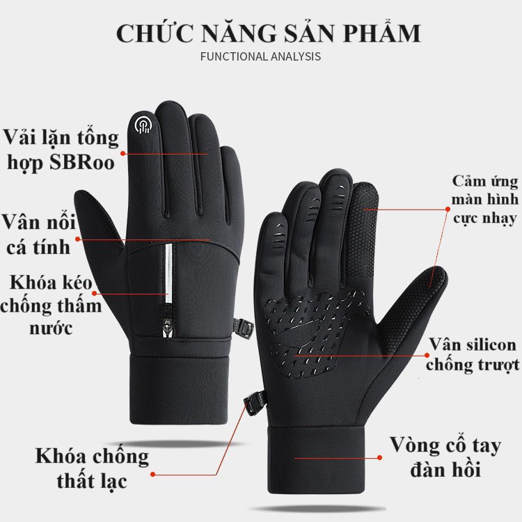 Găng tay nam đi xe máy mùa đông cảm ứng điện thoại chống nước tốt lót nỉ lông ấm áp BTN669