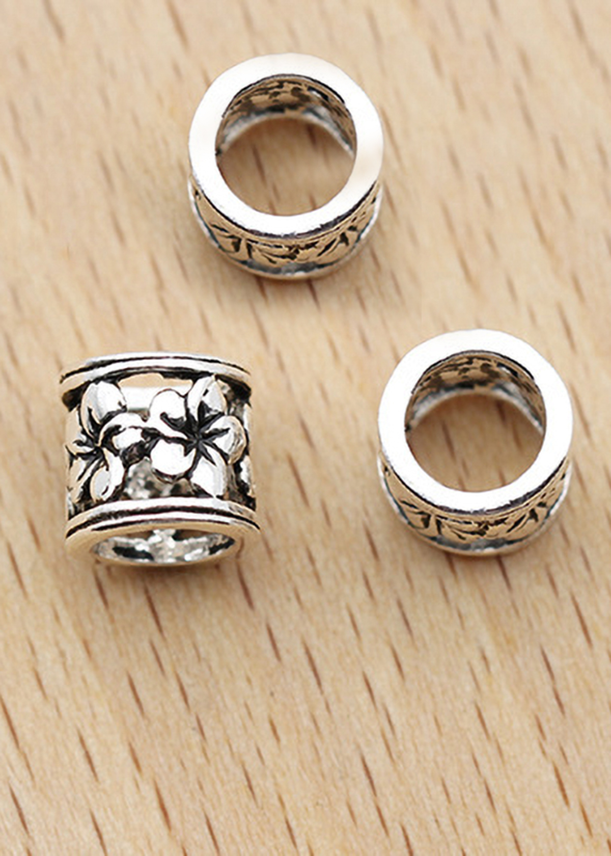 Combo 3 cái charm bạc chặn hạt hình trụ họa tiết bông hoa - Ngọc Quý Gemstones
