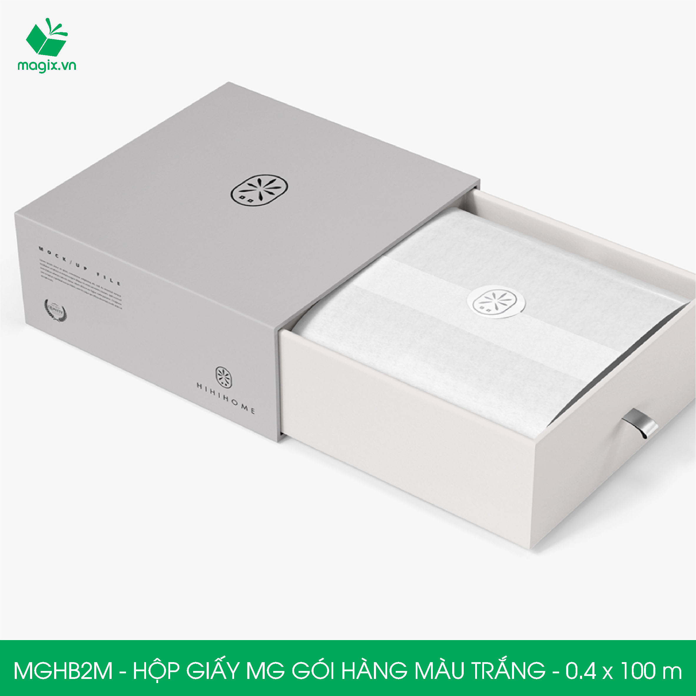 MGHB2M - 0.4x100 m - Hộp cuộn giấy MG, cuộn giấy Pelure trắng gói hàng, cuộn giấy chống ẩm 1 mặt bóng, giấy bọc hàng thời trang