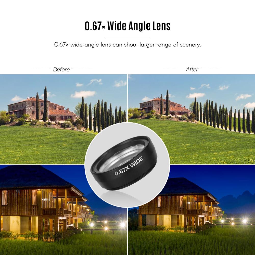 Universal Clip Lens Kit 180° Mobile Phone Fisheye Lens 0.67× Wide Angle Lens Macro Lens 3 in 1 with Clip for iPhone
