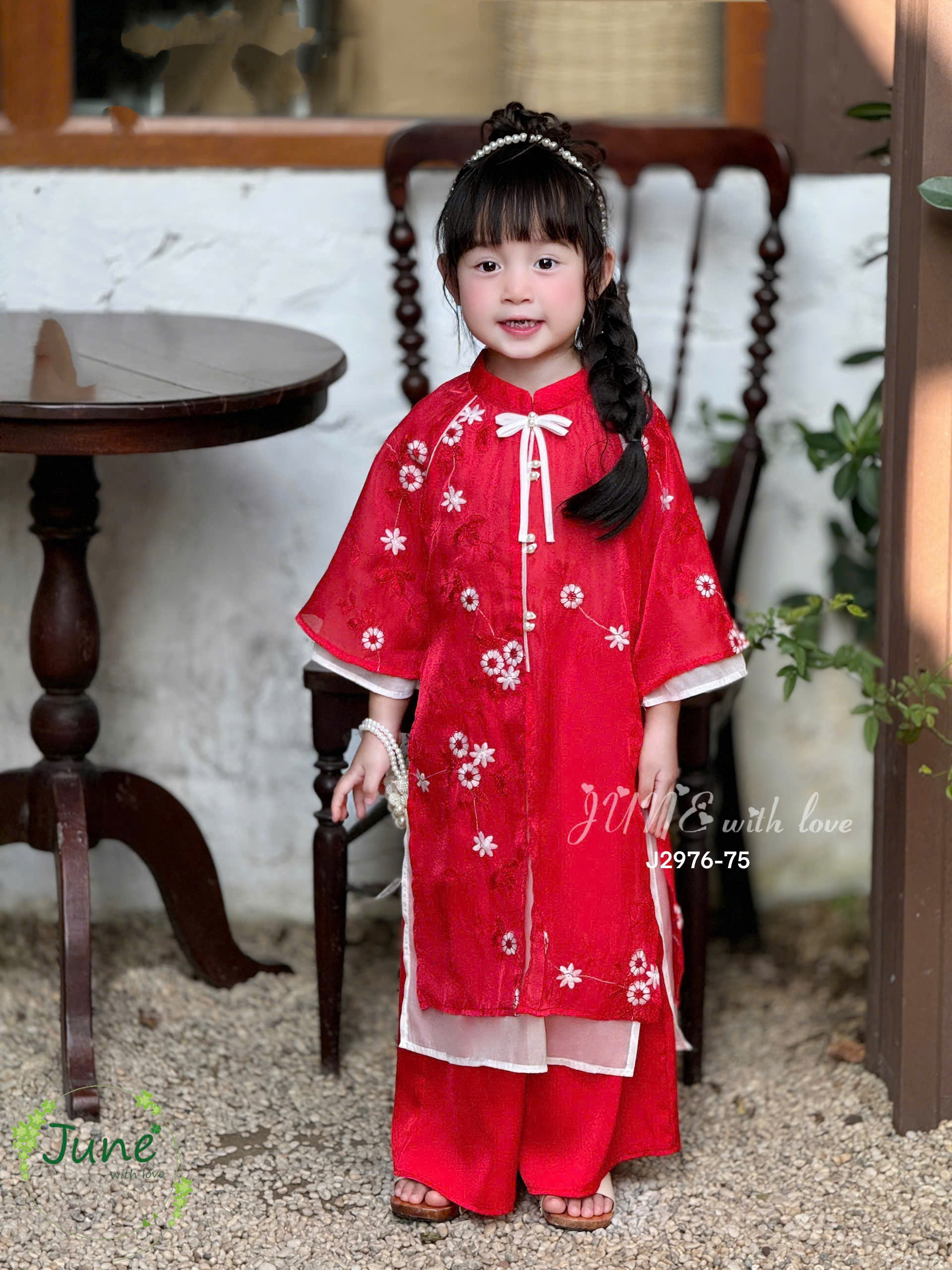 Bộ áo dài cho bé gái mẫu Hoa như ý diện tết đón xuân năm mới 10-40kg mềm mát