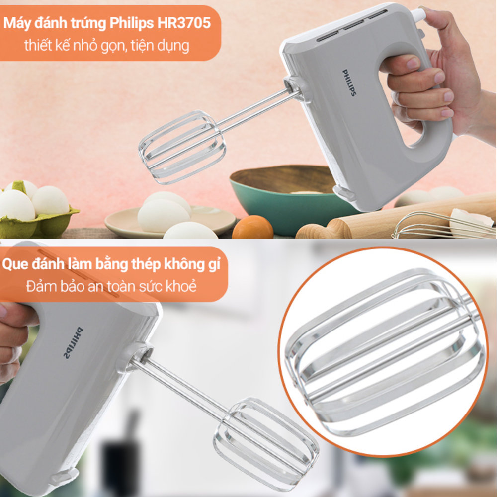 Máy đánh trứng cầm tay Philips HR3705/20 công suất 300W, bảo hành 2 năm - Hàng chính hãng