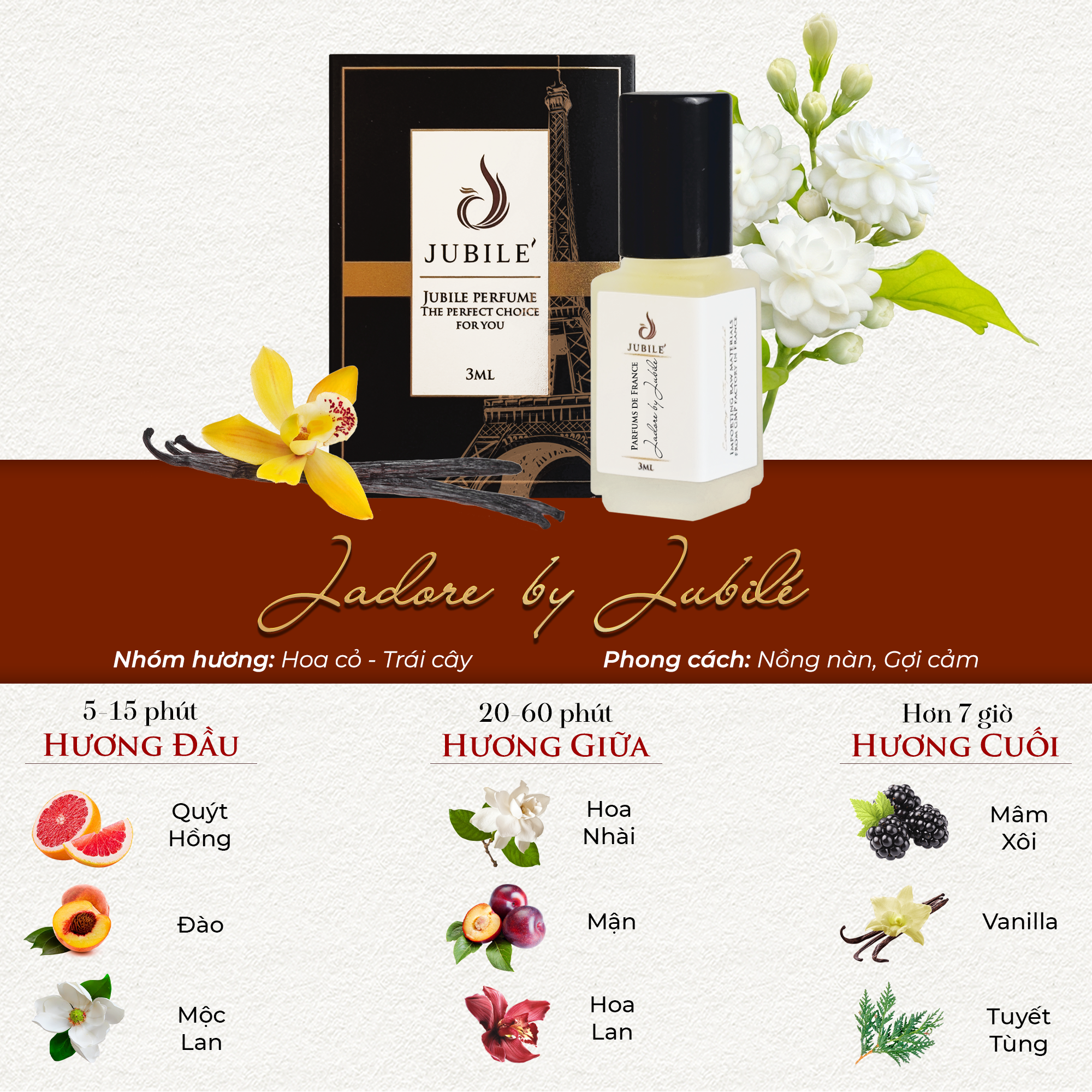 Jadore by Jubilé - Tinh dầu nước hoa Pháp Nữ Minisize Dạng lăn 3ml Thơm Lâu, Sang Trọng, Quyến Rũ